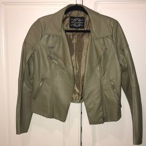 Army Green Faux Leather Moto Jacket